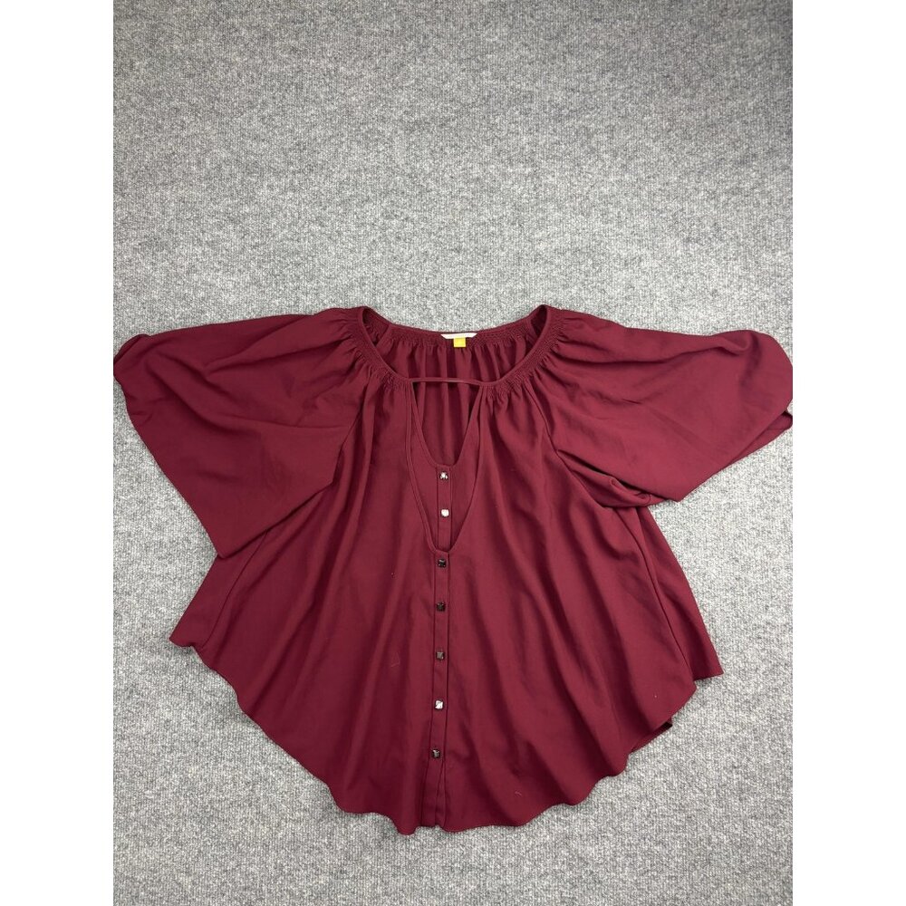 Leifsdottir Shirt Womens 10 Burgundy Flutter‎ Sleeve Peasant Button Front Boho